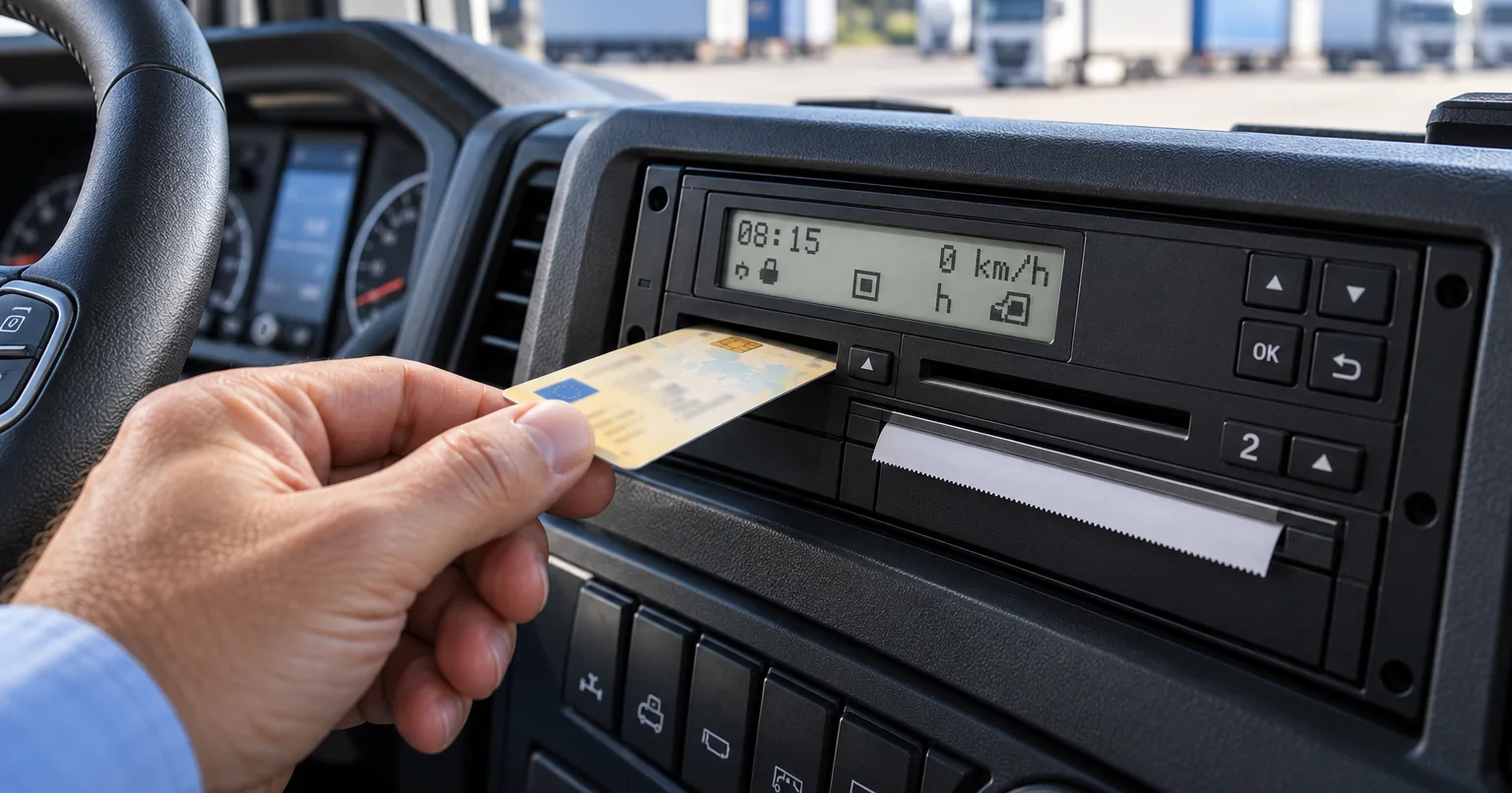 Vloženie karty podniku do digitálneho tachografu v kabíne kamióna