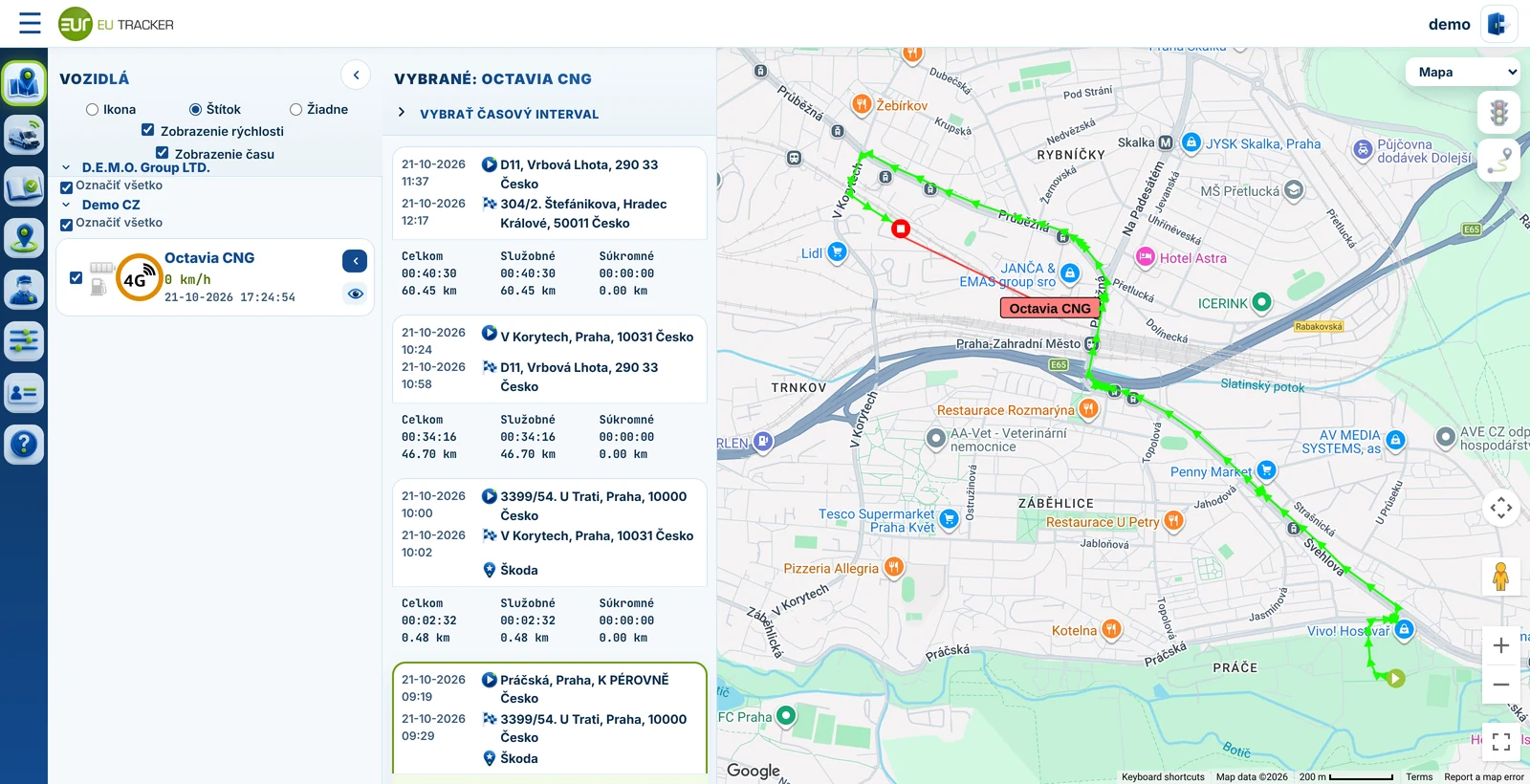 EUTRACKER – história jázd a trasa vozidla na mape