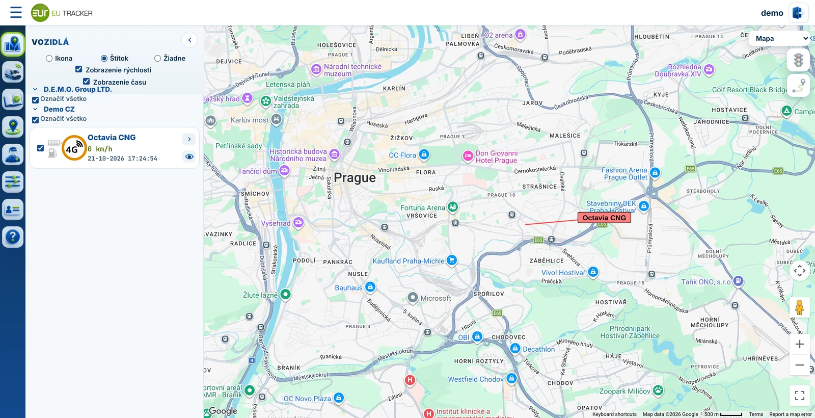 EUTRACKER – vozidlá na mape s aktuálnou rýchlosťou a časom