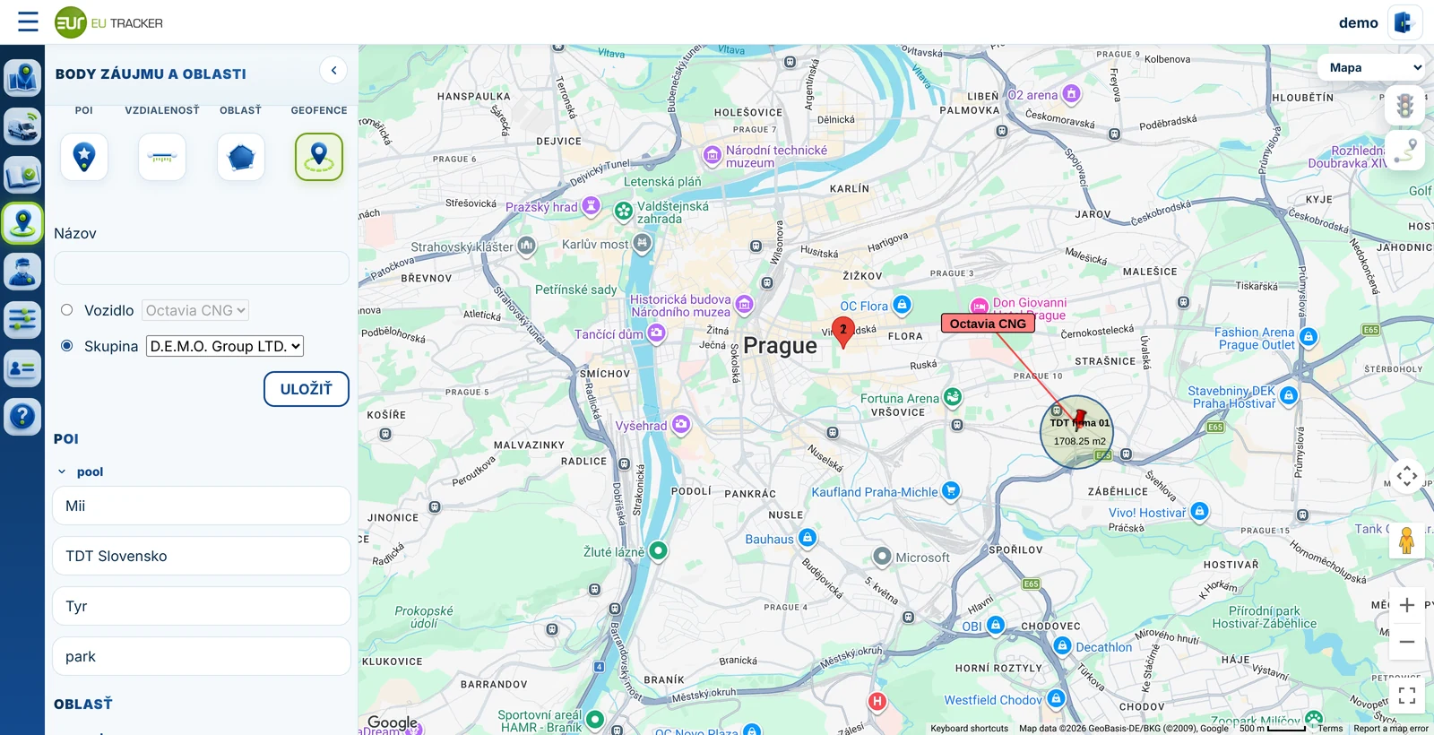 EUTRACKER – body záujmu, oblasti a geofence