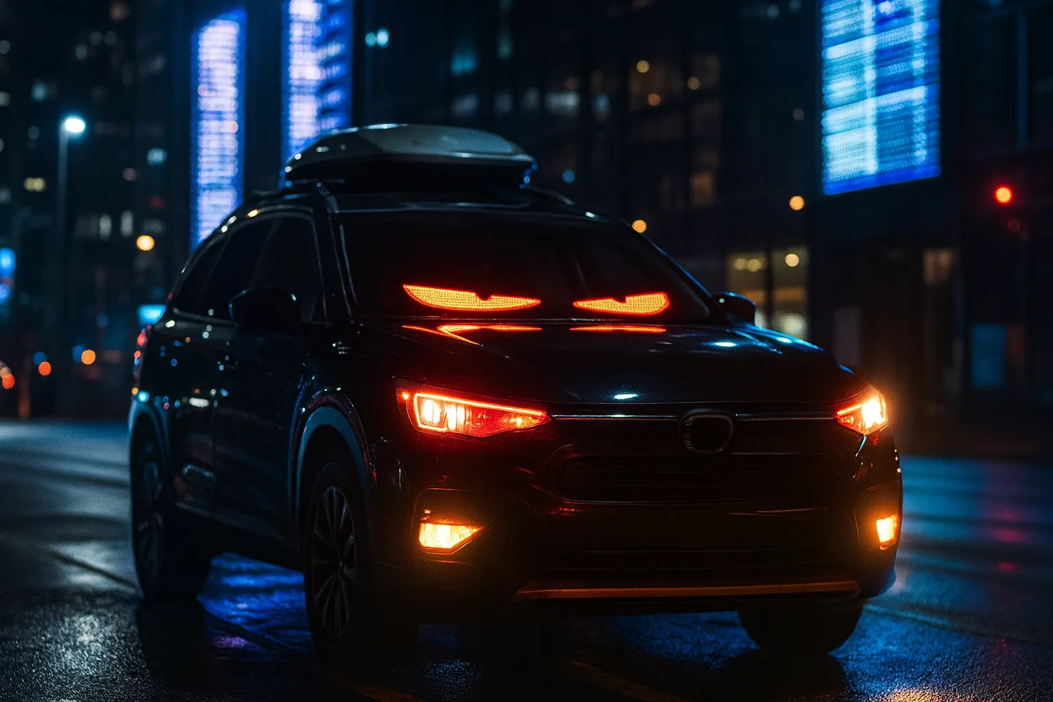 Detail dvojice LED panelov OČI umiestnených v osobnom aute