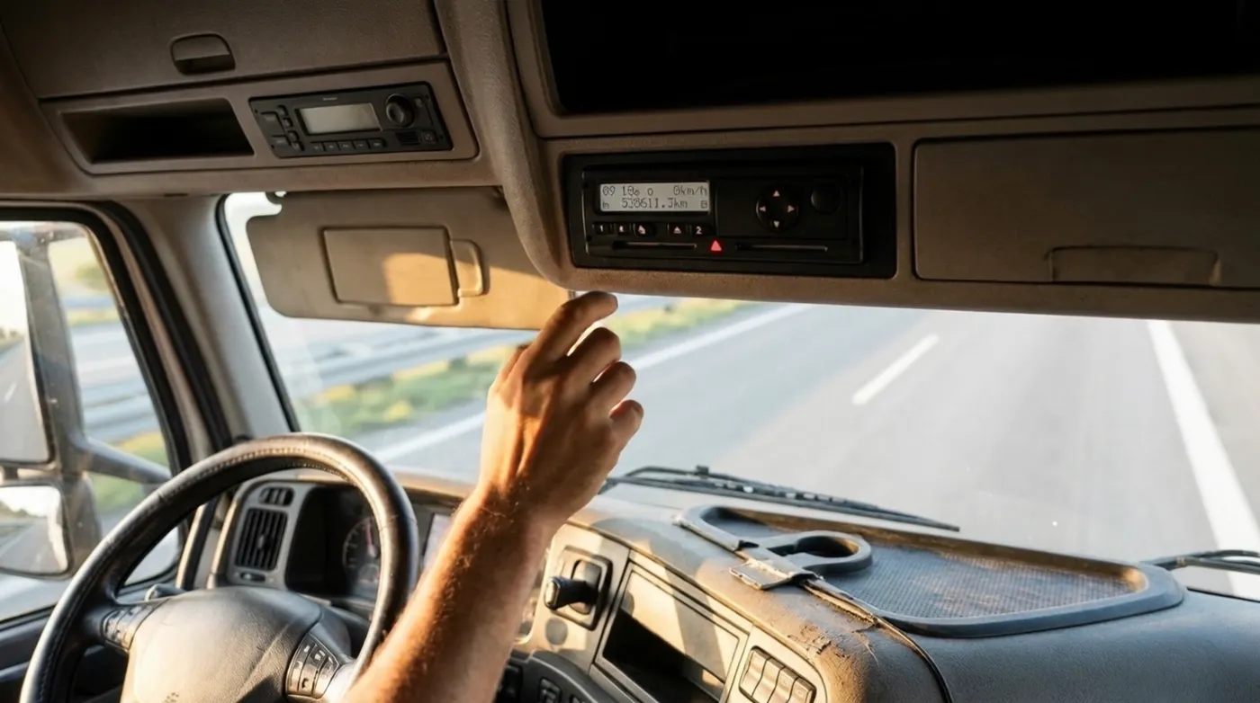 Vodič kamióna obsluhuje digitálny tachograf v kabíne počas jazdy