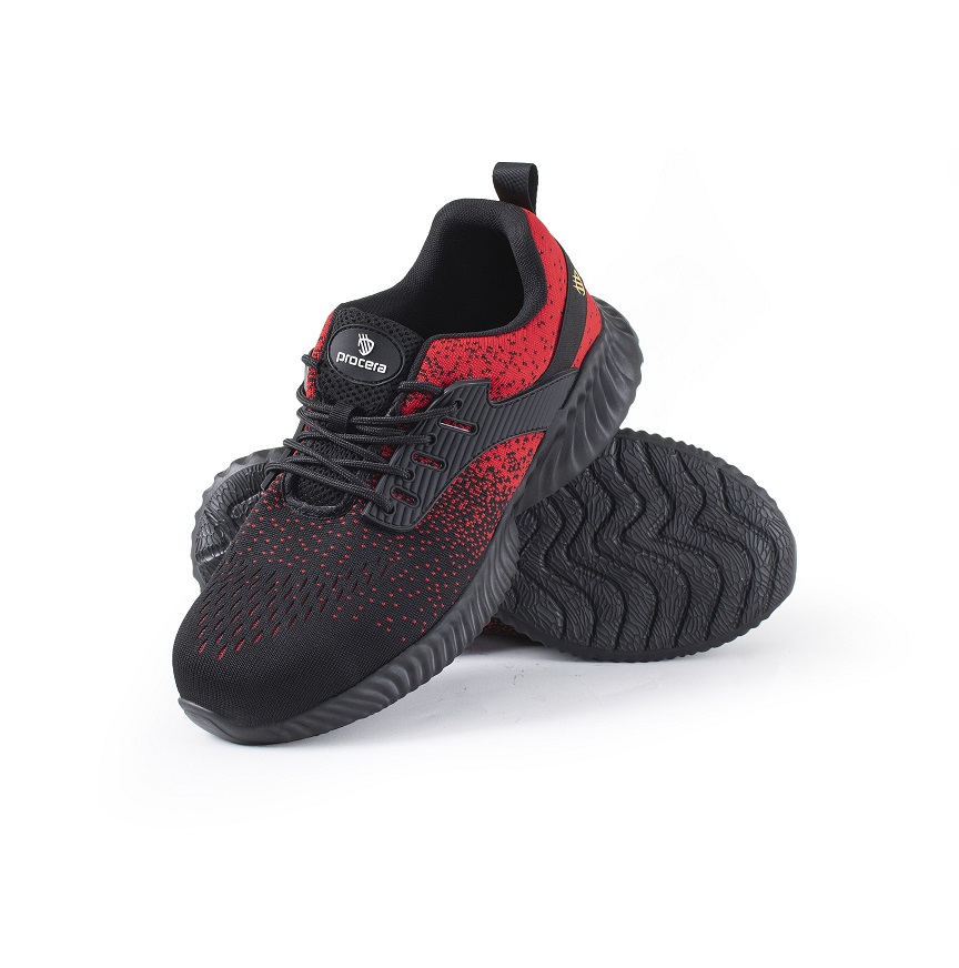 Bezpečnostná obuv TEXO FLY S1 – detail podrážky a zvršku (červené prevedenie)