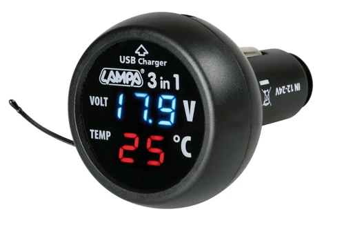Voltmeter s USB nabíjačkou a teplomerom