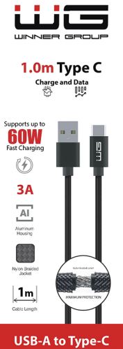 WG Dátový kábel USB-A / USB-C, 3 A, čierny, 100 cm