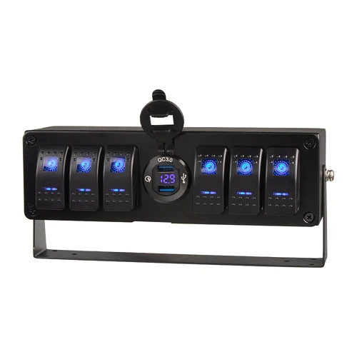 Panel s 6x spínačmi Rocker, voltmeter + 2x USB zásuvka, 12/24V