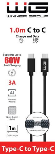 WG Dátový kábel USB-C / USB-C, 3A, čierny, 100cm