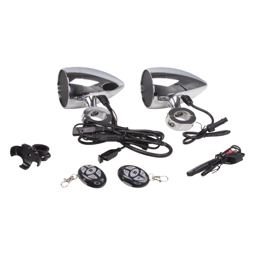 Zvukový systém na motocykel, skúter, ATV s USB, BT, 2 x diaľkové ovládanie, farba chróm