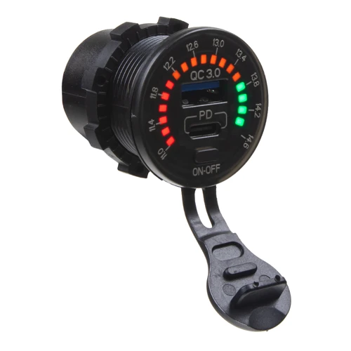 USB nabíjačka QC3.0 + USB-C, voltmeter s color analógovou indikáciou do panelu