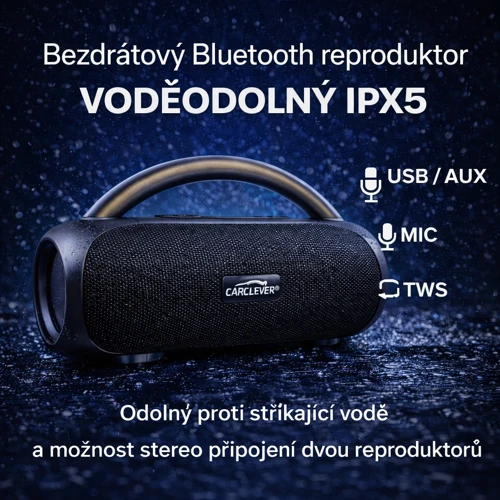 Bezdrôtový Bluetooth reproduktor/prehrávač, vodeodolný USB, AUX, MIC, TWS, IPX5
